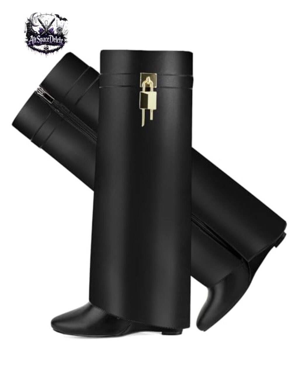 Women's Fold Over Knee High Wedge Heel Boots Faux Leather